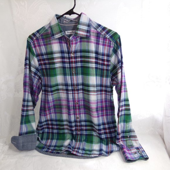 Tommy Bahama Plaid Tencel Blend Montauk Flannel Purple Plaid XS Metal Buttoned - Picture 1 of 15
